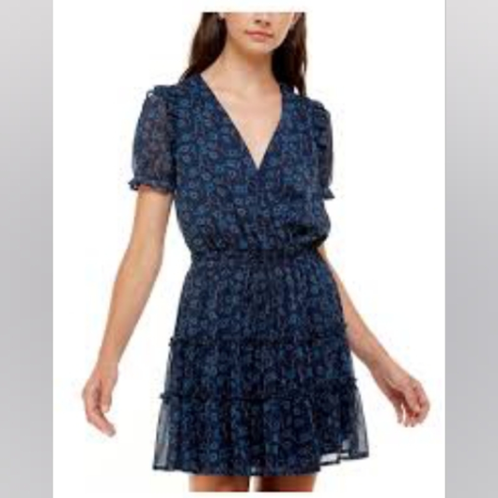 TRIXXI • Womens Navy Ruffled Sheer Tie Tiered Floral Short Sleeve Dress • LARGE